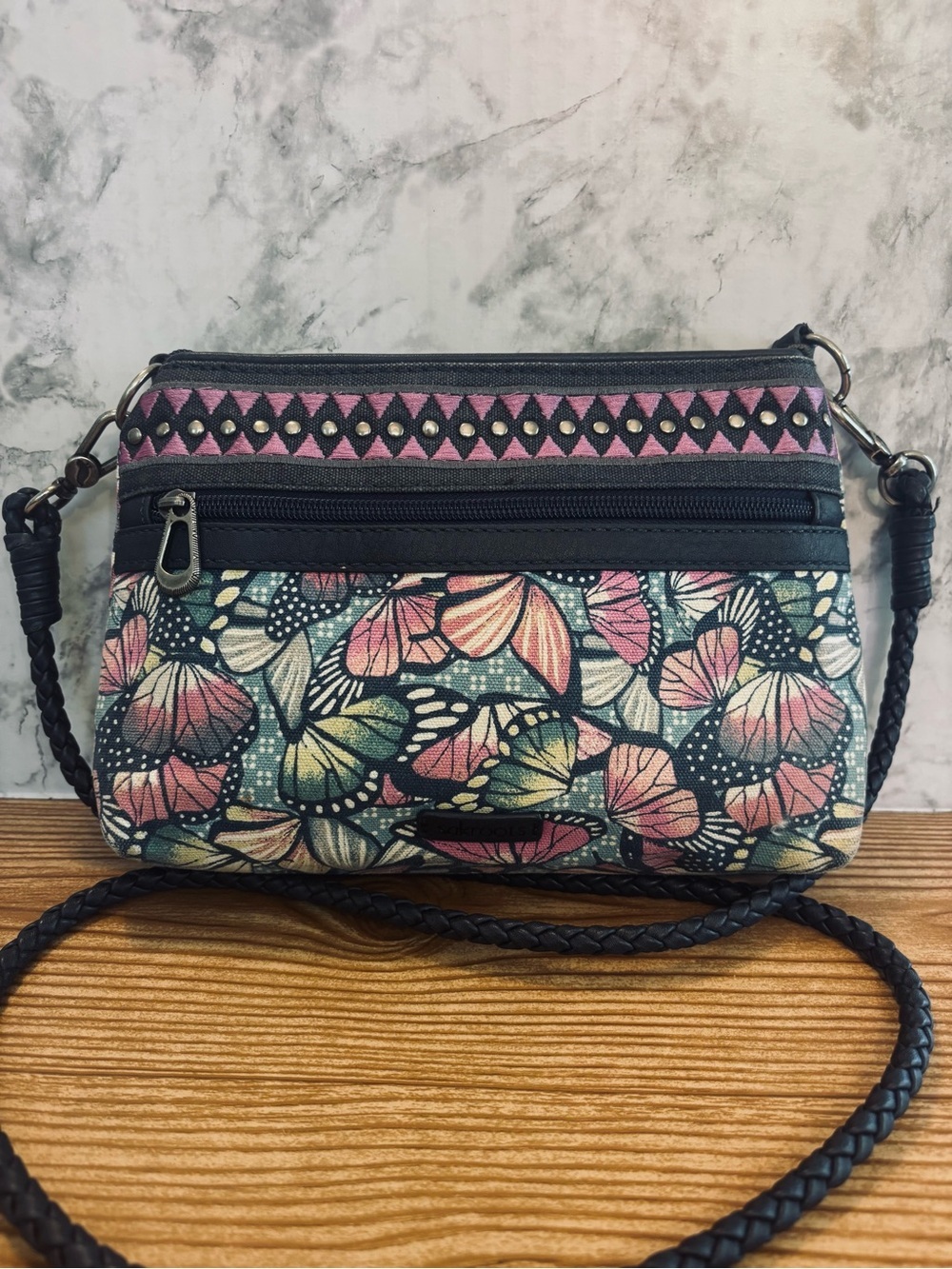 Sakroots Butterfly Print Crossbody Bag Purse Navy Blue Pink Purple